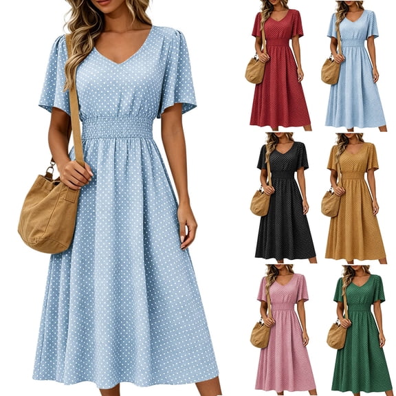 Kojanyu Women's Summer Short Sleeve V Neck Flowy Maxi Dress with Pockets, Casual Elastic Waist Beach Dresses Wedding Guest