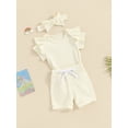 thumbnail image 3 of Bslissey Baby Girls 3Pcs Summer Outfits Short Sleeve Ruffled Romper + Elastic Waist Shorts + Bow Headband 0-18M Newborn Infant Solid Color Shorts Sets, 3 of 9