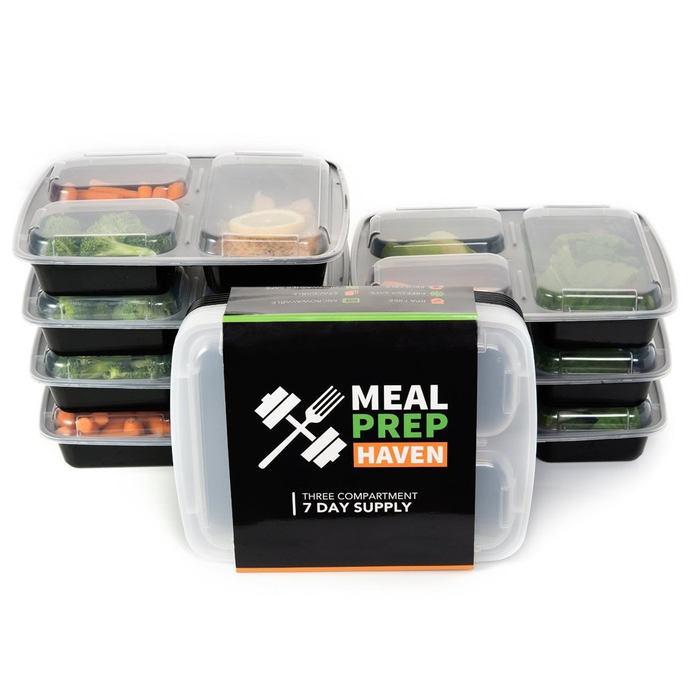 Meal Prep Haven 28-Pack 3 Compartment Food Containers with Airtight Lid