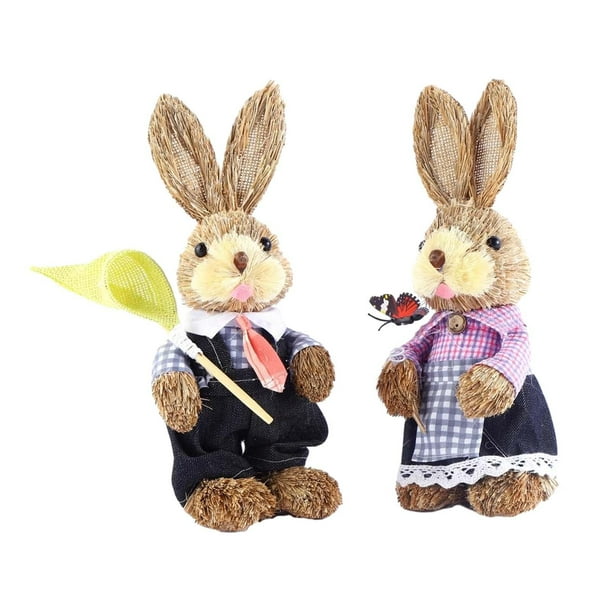 2 figuras de conejo de Pascua, regalo de Pascua, linda estatua decorativa de conejo de paja. Estilo C