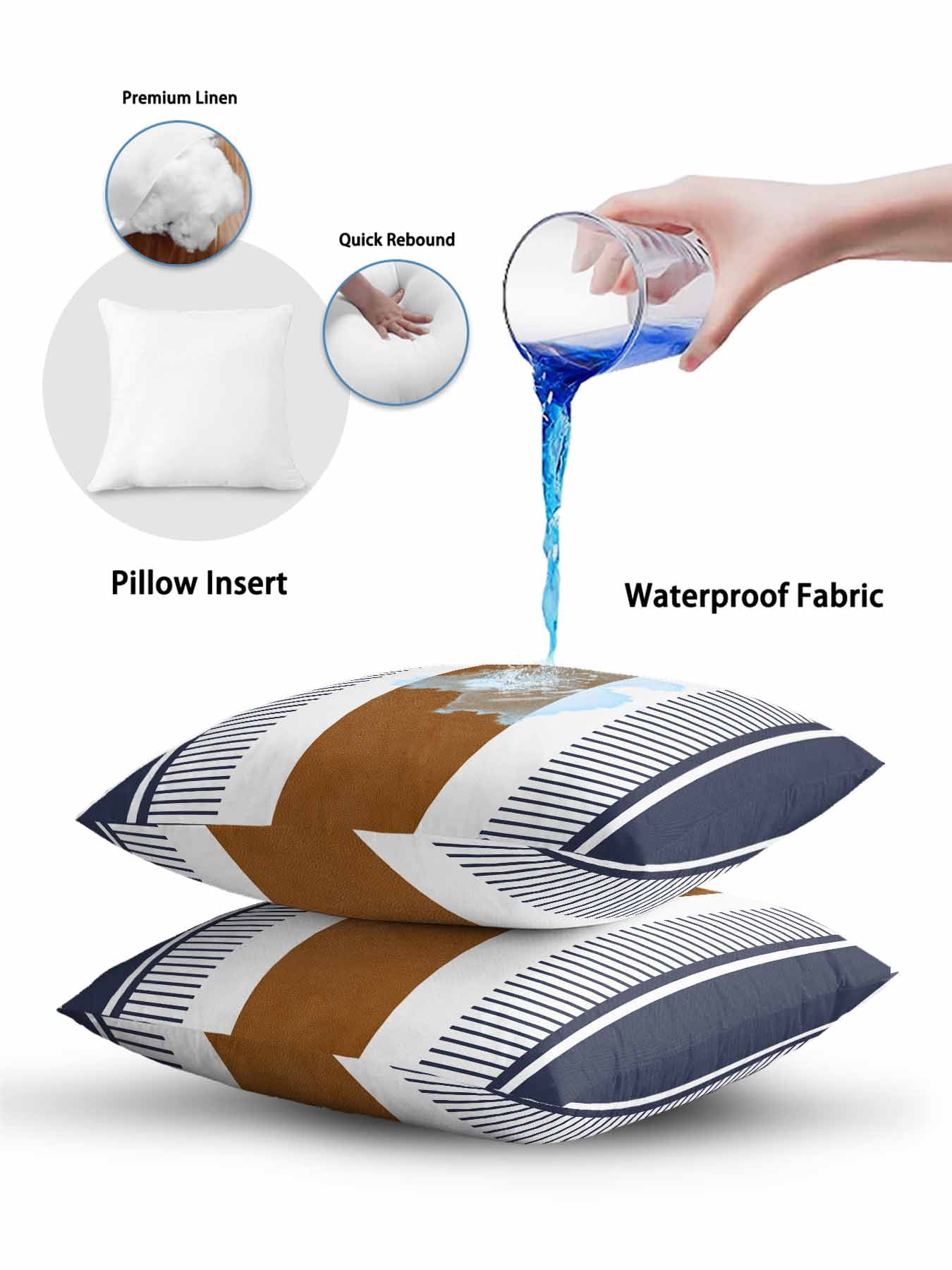 Waterproof Outdoor Throw Pillows with Inserts 18"x18" Set of 2, Modern Brown Blue Soft Decorative Pillowcases for Couch Bedroom, Boho Contemporary Geometric Striped Pillow Covers for Sofa Living Room