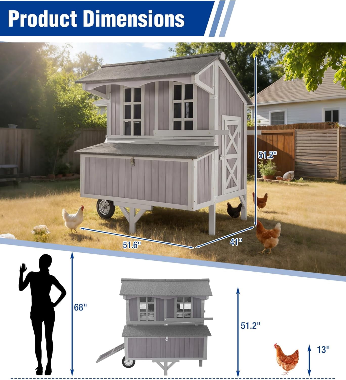 Aivituvin Large Chicken Coop with Wheels for 6-8 Chickens, Large Outdoor Duck Coop Hen House with Weatherproof Asphalt Roof, Nesting Box, Pull-Out Tray, 51.6" L x 41" W x 51.2" H