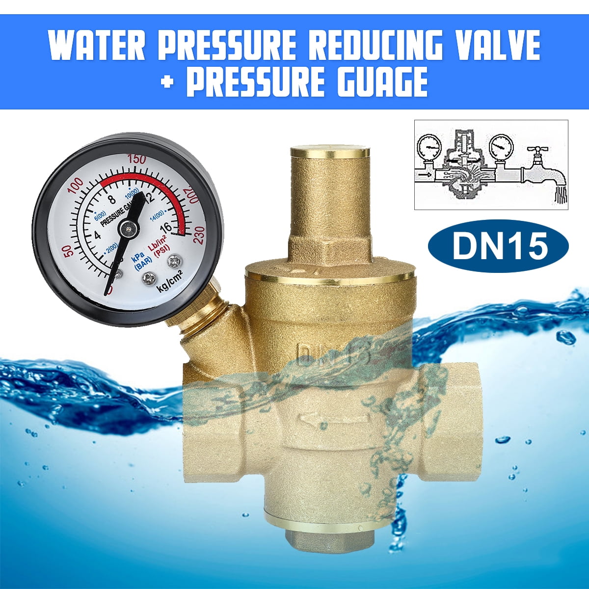 DN15 3/4" PN 1.6 Adjustable Brass Water Pressure Reducing Regulator