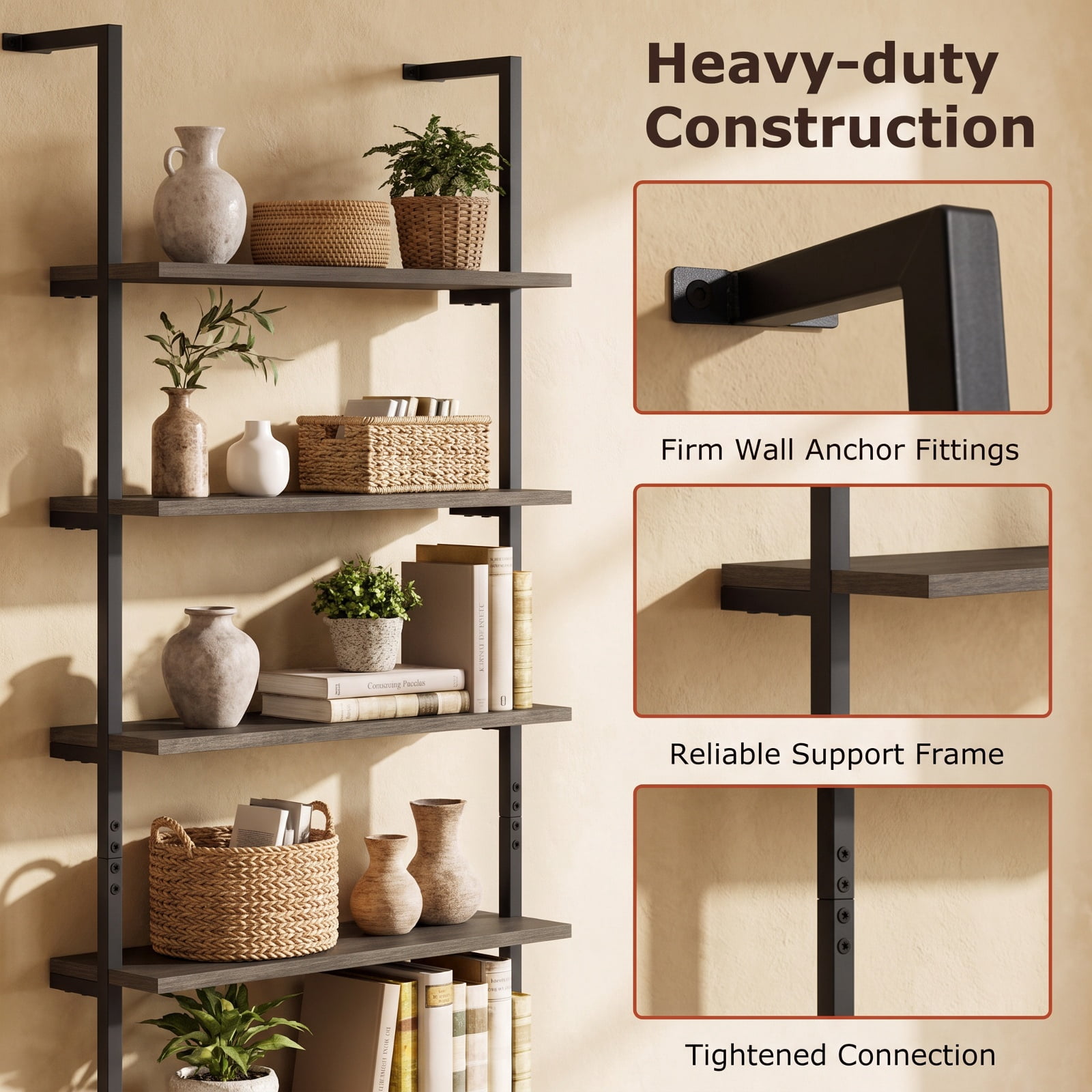 Furnibear 6-tier Ladder Shelf 72 Inches Industrial Wall Mounted Bookshelf for Living Room Home Office Bedroom Display Storage Shelf, Oak