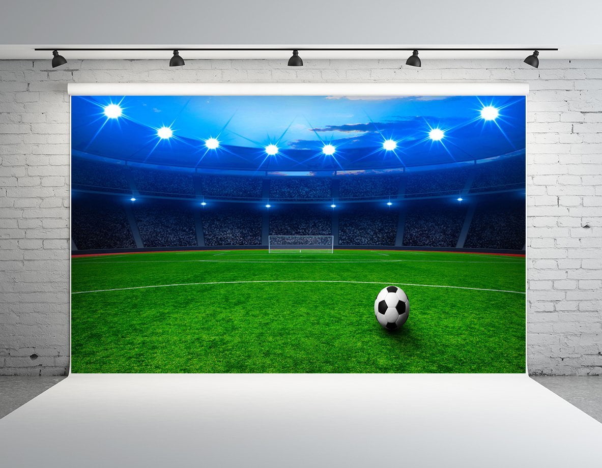5X7FT Vinyl Photography Backdrop Football Field American Soccer Green Grass Stage Sports Theme Blue Sky White Cloud Background Kids Children Boys Adults Photo Studio Props