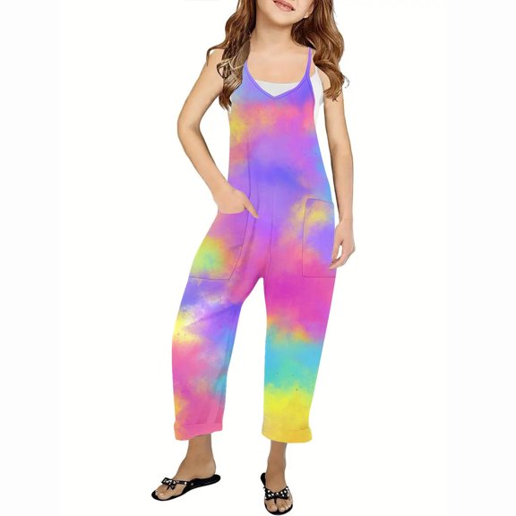 Nrmvnmi Kids Girls Casual Jumpsuits Summer Bodysuit Sleeveless Loose Jumpsuit Shoulder Strap Adjustable Long Pants Rompers With Pockets Fashion Comfortable Outdoor Sports Jumpsuits
