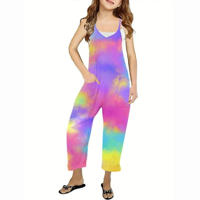 RXIRUCGD Girls Casual Jumpsuits Sleeveless Summer Rompers Long Pants With Pockets For 5-14 Years( Multicolor, Size:9-10 Years )