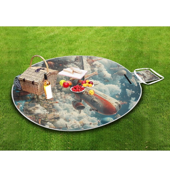 Picnic Blankets Teencool Beach Blanket Creatively Futuristic Cityscape with Airplane Pattern Outdoor Blanket for Travel