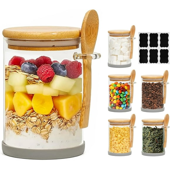 19oz Glass Jars with Bamboo Lids & Spoons Set of 6, Overnight Oats Containers with Lids, Sugar Coffee Containers Salt Spice Jars, Glass Jar with Spoon for Candy, Tea, Brown Sugar, Nuts