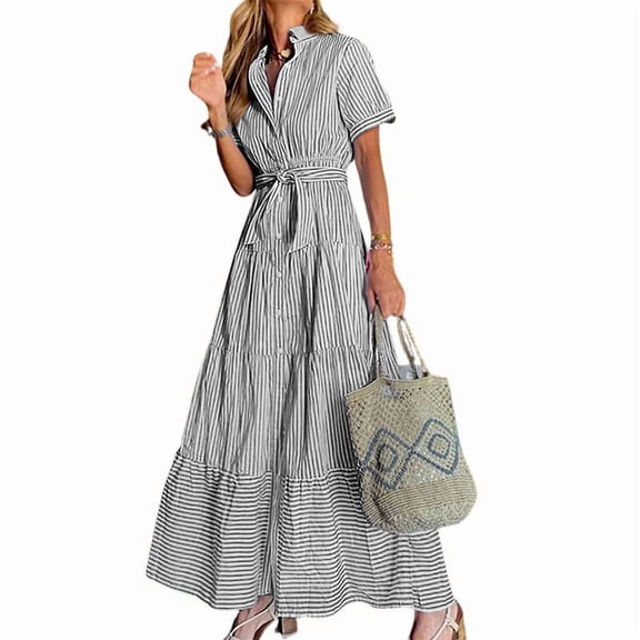utcoco Womens Casual Short Sleeve Button Down Tie Waist Ruffled Striped Maxi Shirt Dress