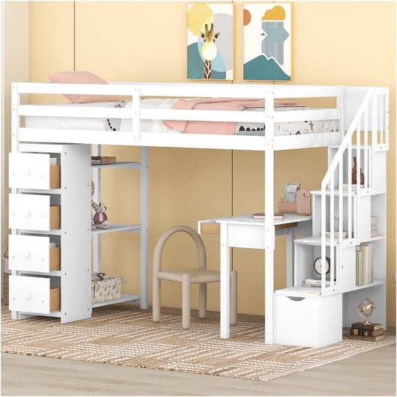 JERFIT Twin Loft Bed with Desk and Storage, White Solid Wood Loft Bed Frame with Built-In Drawers, Shelves and Ladder for Space Saving Bedroom