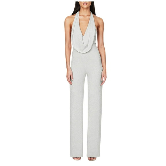 Lenpel Women's Jumpsuits Elegant Cowl Neck Sleeveless Sequins Overalls Party Clubwear Full Length Rompers