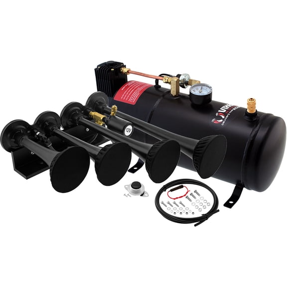 Vixen Horns Train Horn Kit for Trucks/Car/Semi. Complete Onboard System- 150psi Air Compressor, 1 Gallon Tank, 4 Trumpets w/Covers. Loud. Fits Vehicles like Pickup/Jeep/RV/SUV 12v VXO8210/4124B/P