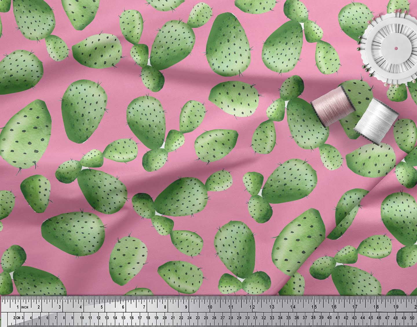 Soimoi Pink Cactus Tree Print Fabric - Poly Georgette 42 Inch Wide Desert Chic Pattern By The Yard