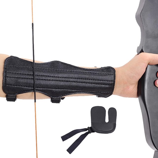 Protector de brazo NQ para tiro con arco ajustable con protectores de dedos de cuero