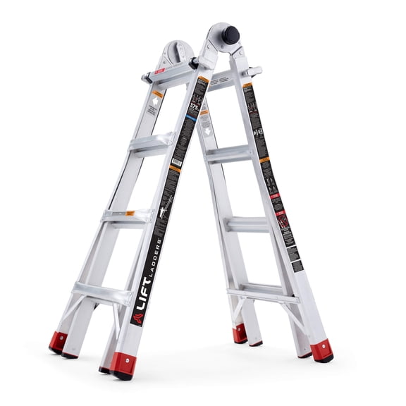 Open Box Lift Ladders 18' Reach 5 in 1 Multi Position Aluminum Step Ladder,Slvr