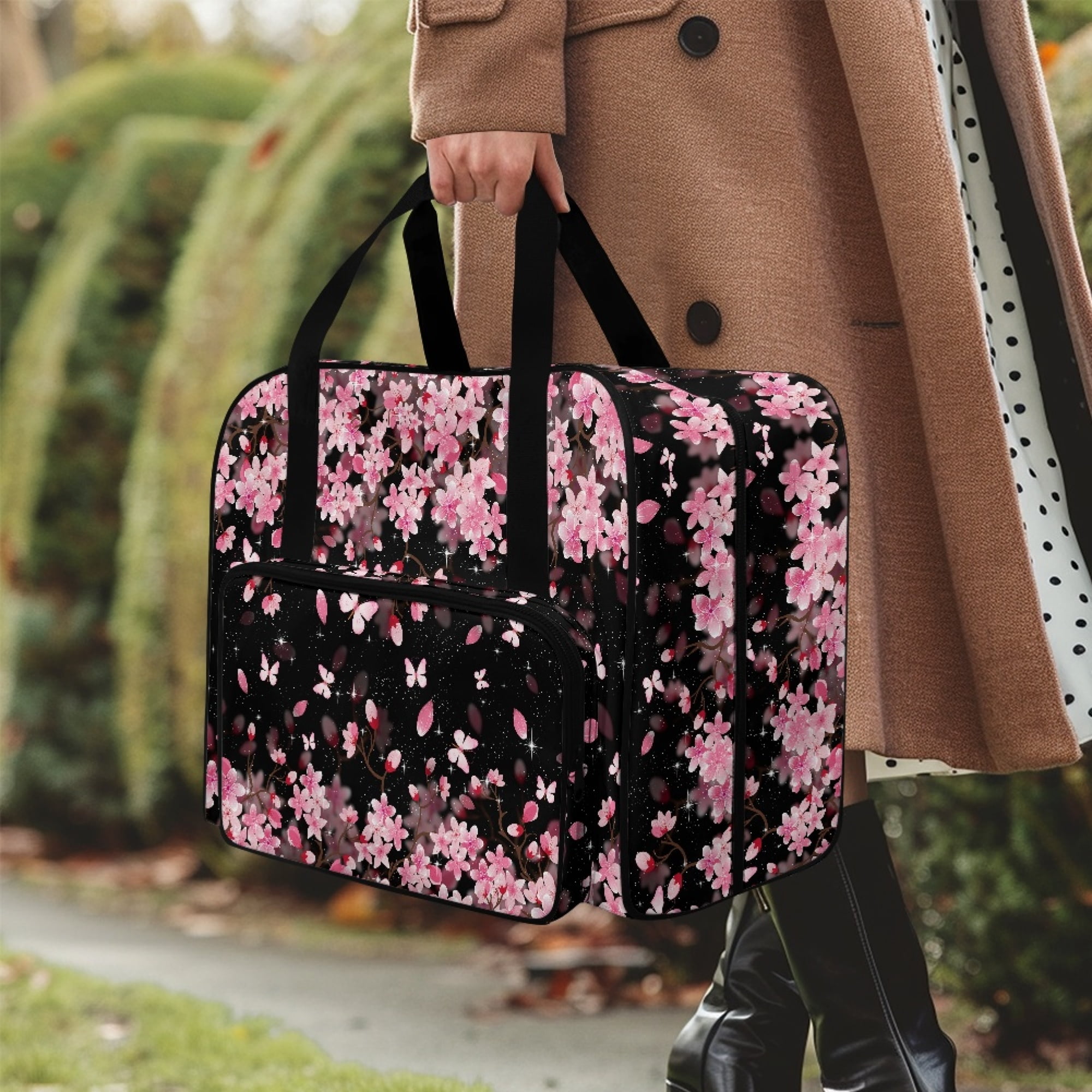 ZIATUBLE Cherry Blossom Sewing Machine Storage Bag Butterfly Sewing Machine Totes and Bags Stain Resistant Sewing Machine Carrying Case Tote Bag Elastic Portable Padded Storage