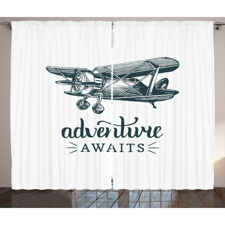 Adventure Awaits Curtains 2 Panels Set Vintage Airplane With