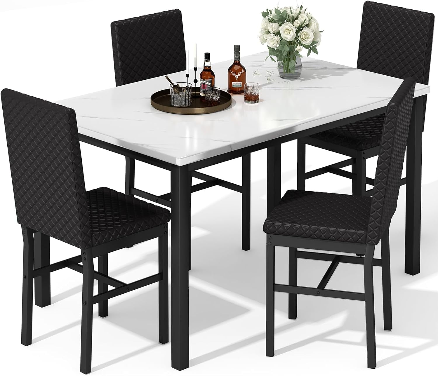 Baxluxe Dining Table Set for 4, Modern 5 Piece Dining Table Set, Faux Marble Kitchen Table and 4 Velvet Upholstered Chairs for Apartments, Dining Rooms, Small Spaces, White/Black