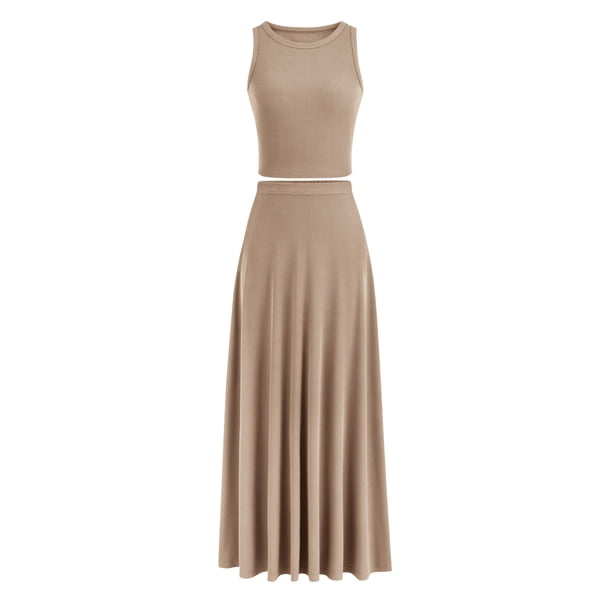 Conjunto de Falda Larga de Punto de 2 Piezas para Mujer PRETTYGARDEN Caqui Talla S