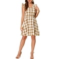 thumbnail image 5 of Allegra K Women's V Neck Check Ruffled Sleeve Belted Plaids Mini Dress, 5 of 7