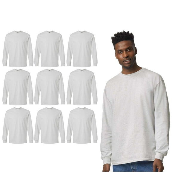 Gildan Men’s Ultra Cotton Long Sleeve Crew Neck T-Shirt, Casual Classic Fit Tee, Ash, 9-Pack, S