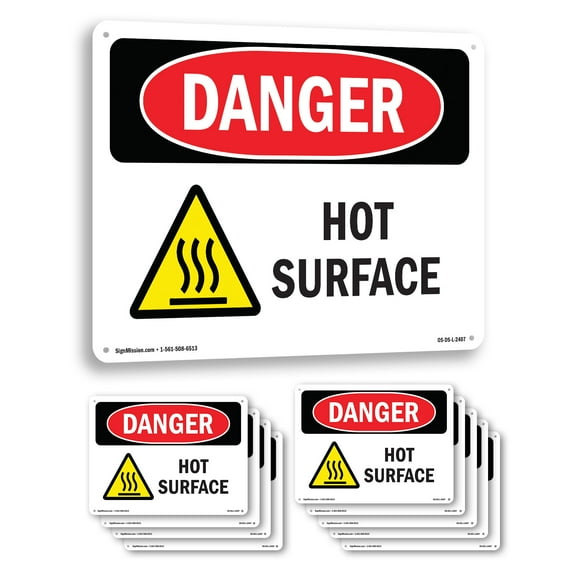 Hot Surface OSHA Danger Rigid Plastic Sign 18 Inch x 12 Inch - 10 Pack