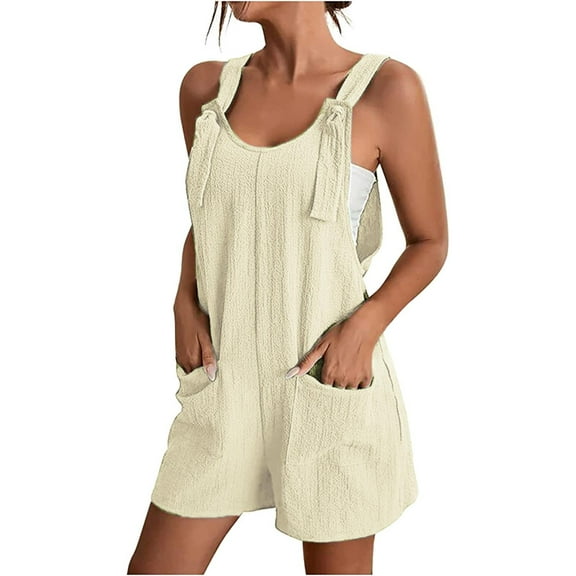Baqcunre Women's Tie Shoulder Overall Shorts Scoop Neck Romper With Pocket,L,Overalls For Women Loose Fit,Womens Jumpsuit,Rompers For Women 2023,Jumpsuits For Women Casual,Womens Clothes,Beige