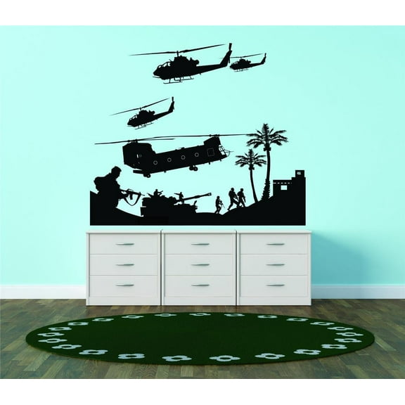 Boys Lively Military Wall Decal Decoration Soldiers wtih Choppers Battle Scene in Desert Lasts Years and Easily Removable - Size: 10 In(W) x 10 In(H)