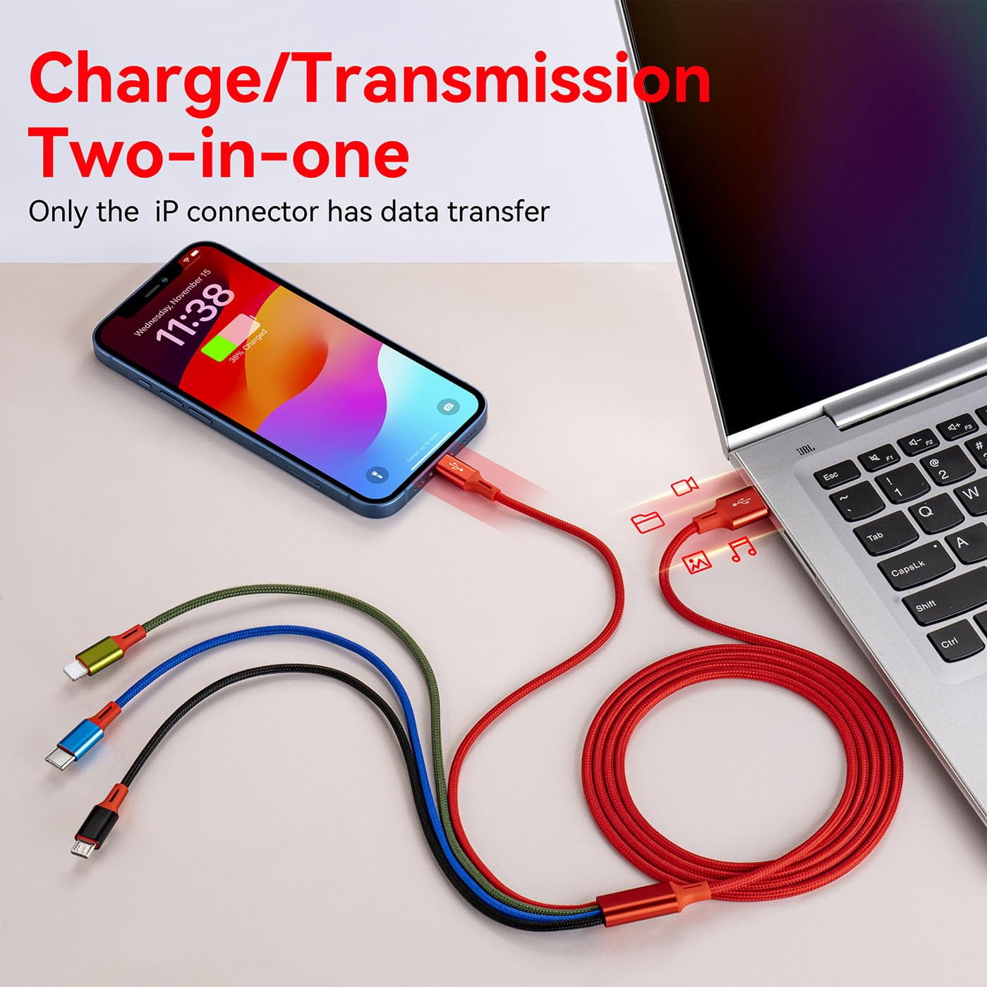 RGHJAR-Multi USB Charging Cable 4A, 4-in-1 Braided Charging Cord, Multi Charger Cord, Multiple USB Cable with IP/USB C/Micro Ports Adapter for Cell Phones/iPhone/Tablets/Samsung/Pixel/PS More (2Pack/