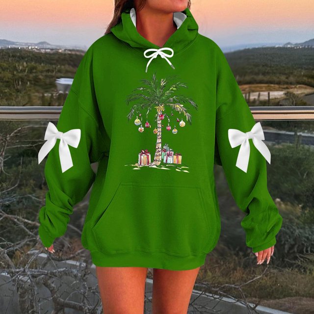 HongQid Women's Hoodies Oversized Long Sleeve Hooded Sweatshirts Christmas Graphic Drop Shoulder Bow Trim Print Pullover Tops