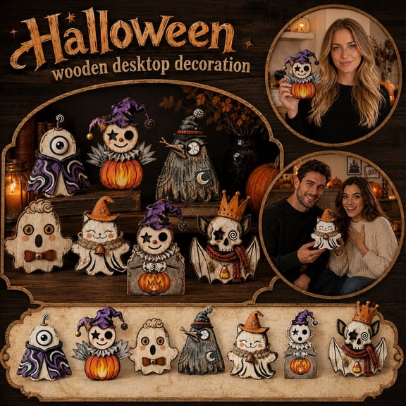 Wooden Halloween Tabletop Ornament, Retro Halloween Decor, Gothic Halloween Decor, Spooky Halloween Decorations, 6X6 Inch Double-Sided Printed Skeleton Bat with Candy Corn Pendant