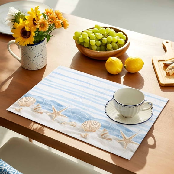 Summer Beach Seashell Placemats Set of 1, Ocean Watercolor Sea Shell Starfish Stripe Wave Non-Slip Place Mats Washable Table Mats for Kitchen Dining Table Decorations Indoor/Outdoor