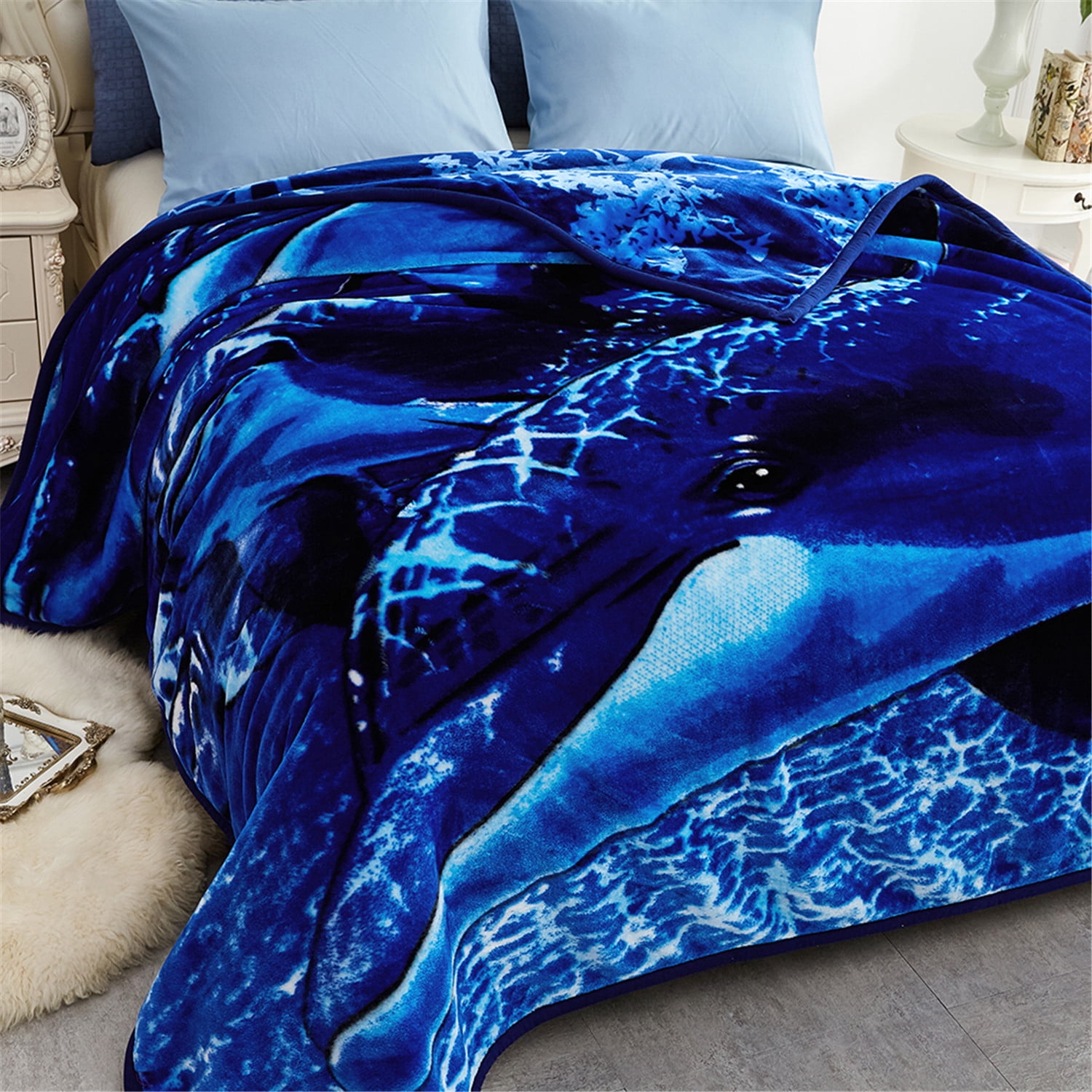 JML Soft Plush Fleece Blanket for Bed King 83"x91" 5.7lb,2 Ply Raschel Blanket Lion&Dolphin