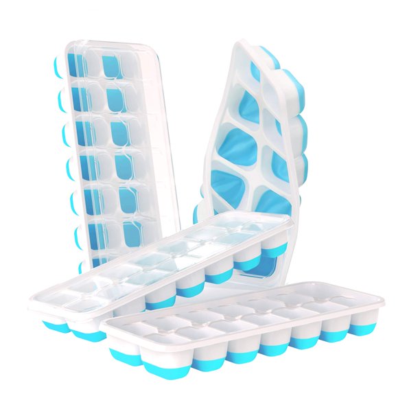 Paquete de 4 moldes para cubitos de hielo, bandeja para cubitos de hielo con tapa, 56 cubitos de hielo, fácil liberación, moldes de silicona para cubitos de hielo, sin BPA ni LFGB, apilables, bandeja JFHHH pequeña
