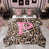 Homewish Fashion Leopard Print P Bedding Comforter Set 7pcs for Women, Princess Ribbon Bowknot Queen Bedding Sets, Brown Pink Cartoon Reversible Queen Sheet Sets, Lightweight Room Decor