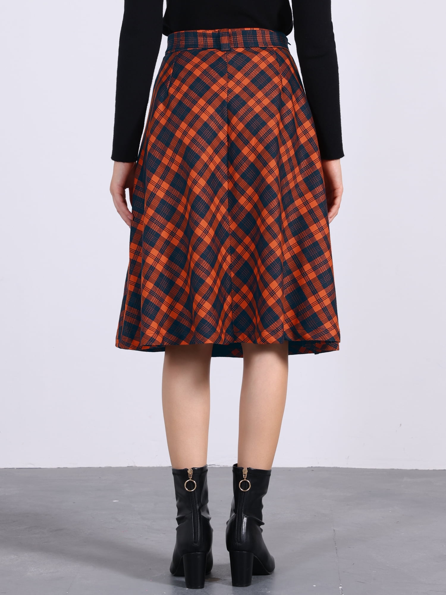 DARING DIVA Women's Plaid Tartan High Waist Belted A-Line Midi Skirt XL Orange Brown