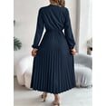 thumbnail image 4 of Womens Flowy Long Sleeve Dress Elegant Plain Color Stand Collar Belted Pleated Dress With Hem, 4 of 5