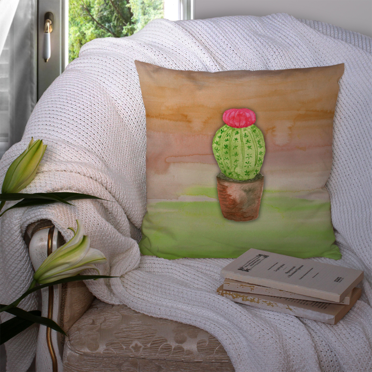 Carolines Treasures BB7365PW1414 Cactus Green and Brown Watercolor Fabric Decorative Pillow  14Hx14W multicolor