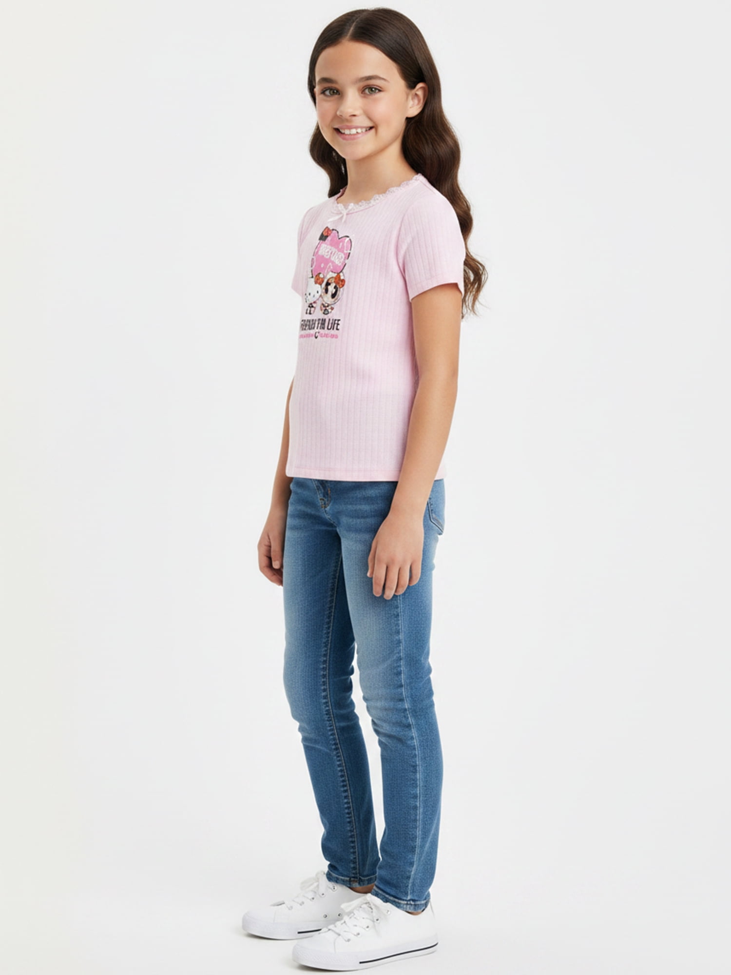 The Powerpuff Girls x Hello Kitty Besties for Life Girl’s Graphic Pointelle Knit Crewneck Tee with Short Sleeves, Sizes 4-16