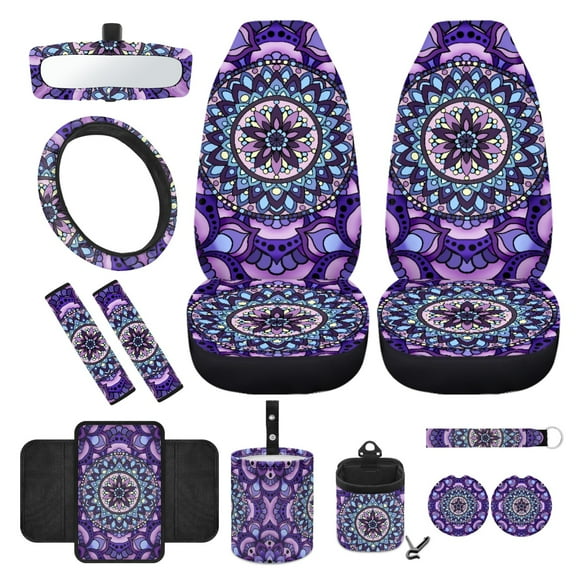 Yuyamidu Purple Car Front Seat Covers Set of 12 Boho Flower Blossom Steering Wheel Cover Seatbelt Cushion Pads Center Console Cover Trash Bin Air Vent Bag Rearview Mirror Cover Cup Holders Keychain