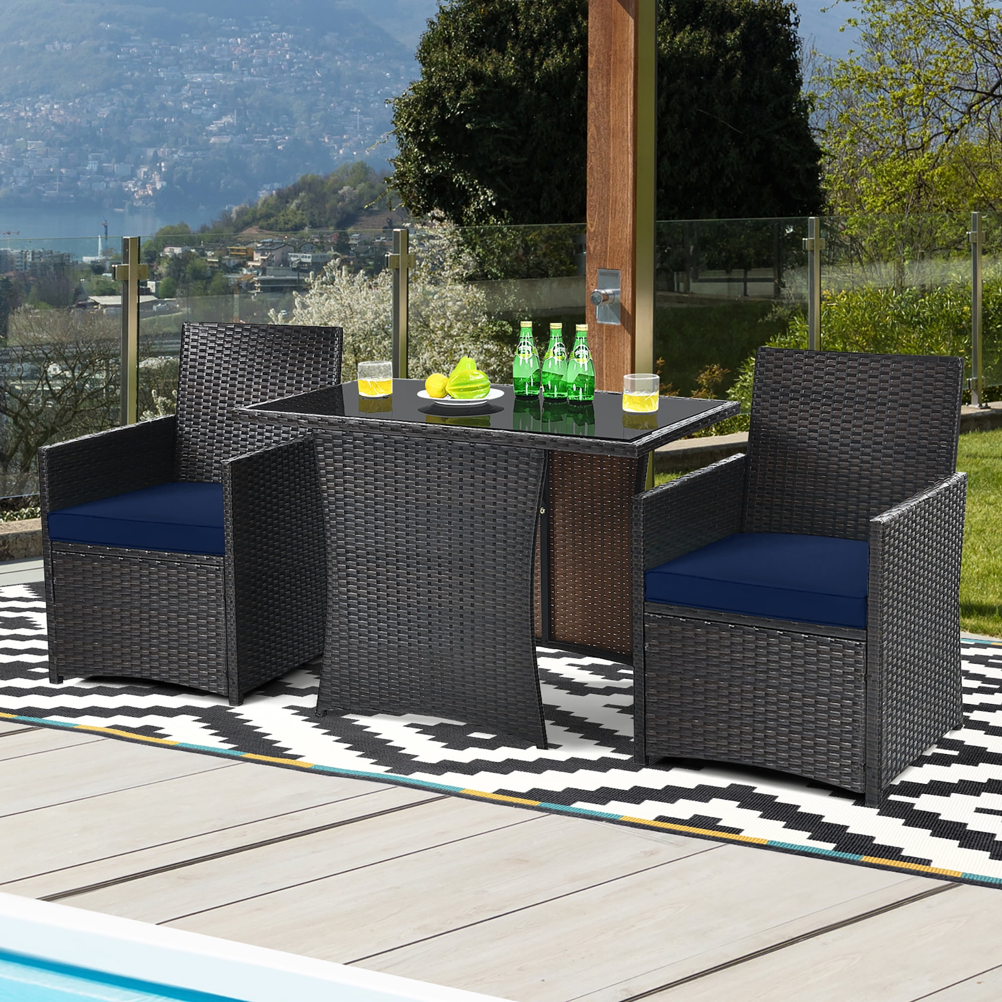 Costway 3PCS Patio Rattan Furniture Set Cushion Sofa Armrest Garden Deck Navy