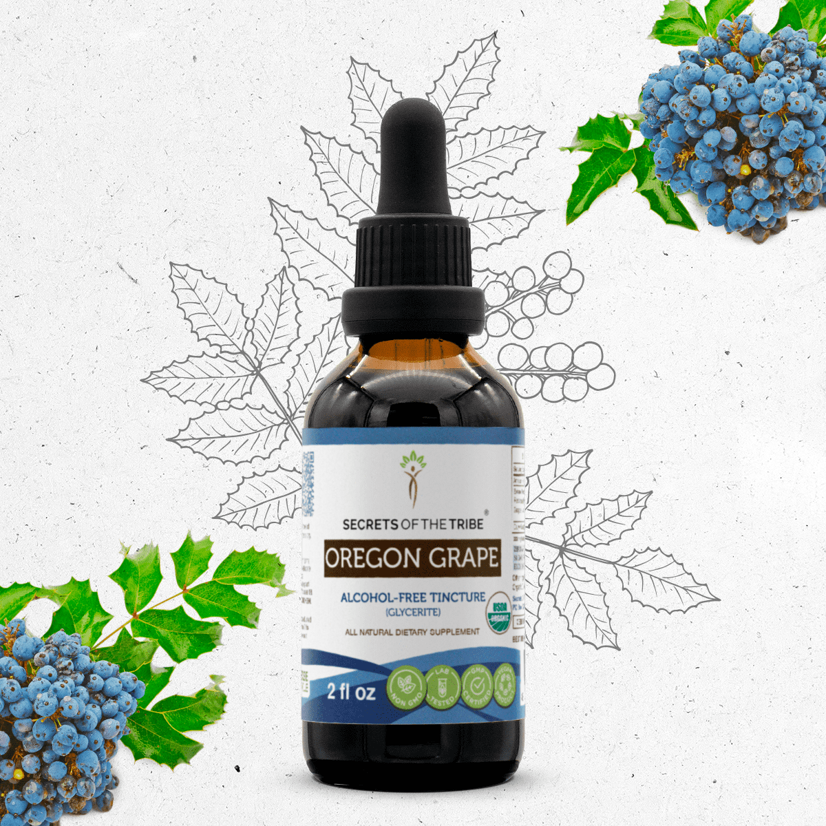 Secrets Of The Tribe Oregon Grape Organic Dietary Supplement, Natural Herbal Tincture for Digestive Support, Certified Organic Oregon Grape (Mahonia aquifolium) Dried Root, Alcohol-Free Extract, 2 oz