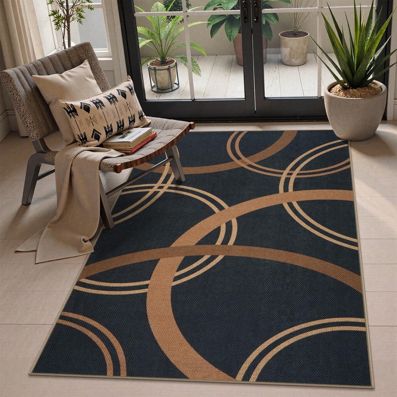 SUNDEREY 3'x5' Geometri Area Rug, 3x5ft Washable Bedroom Rug,Easy Jute Indoor Outdoor Carpet, Farmhouse Non Slip Circular Pattern Rug for Dining Room Office Entrance Kitchen,Black