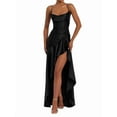 thumbnail image 3 of Women'S V-Neck Sleeveless Satin Ruffle Hem Tight Long Casual Open Back High Slit Cocktail Dress Black M, 3 of 9