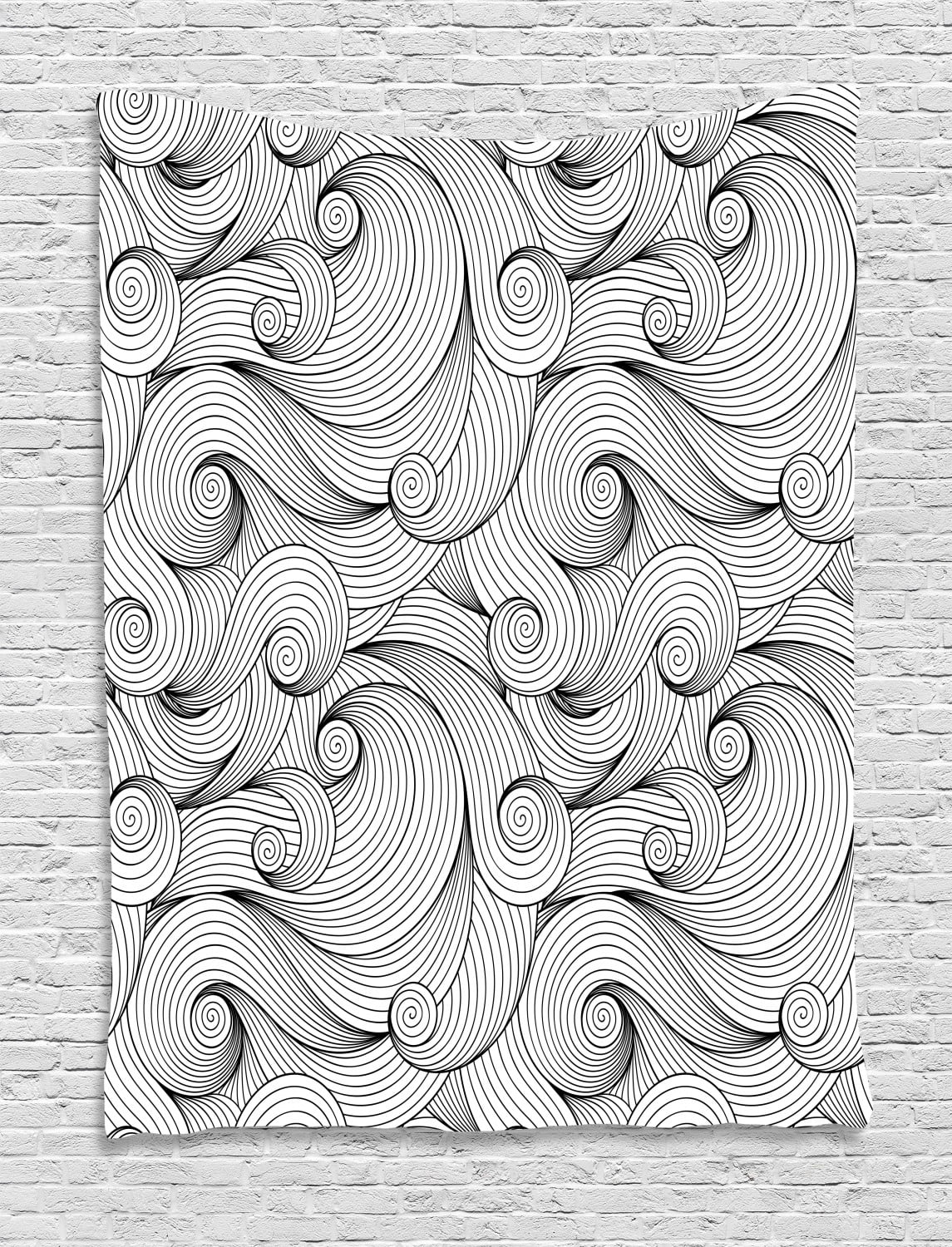 Black and White Tapestry, Doodle Design Abstract Curled Waves Pattern