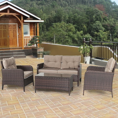 Costway 4 PCS Outdoor Patio Rattan Wicker Furniture Set Sofa Loveseat W/ Cushions