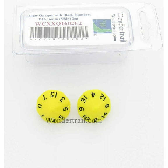 Yellow Opaque Dice with Black Numbers D16 Aprox 16mm (5/8in) Pack of 2 Wondertrail