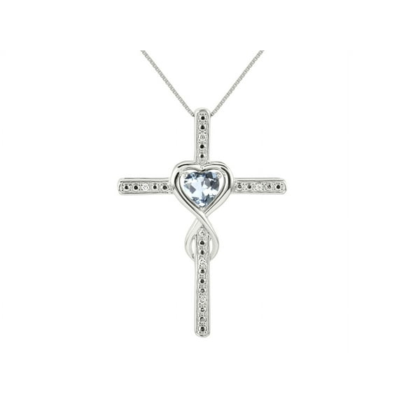 RYLOS Women's Sterling Silver 925 Heart Gemstone & Diamond Cross Necklace. 6MM Aquamarine March Birthstone Womens Jewelry Silver Necklace