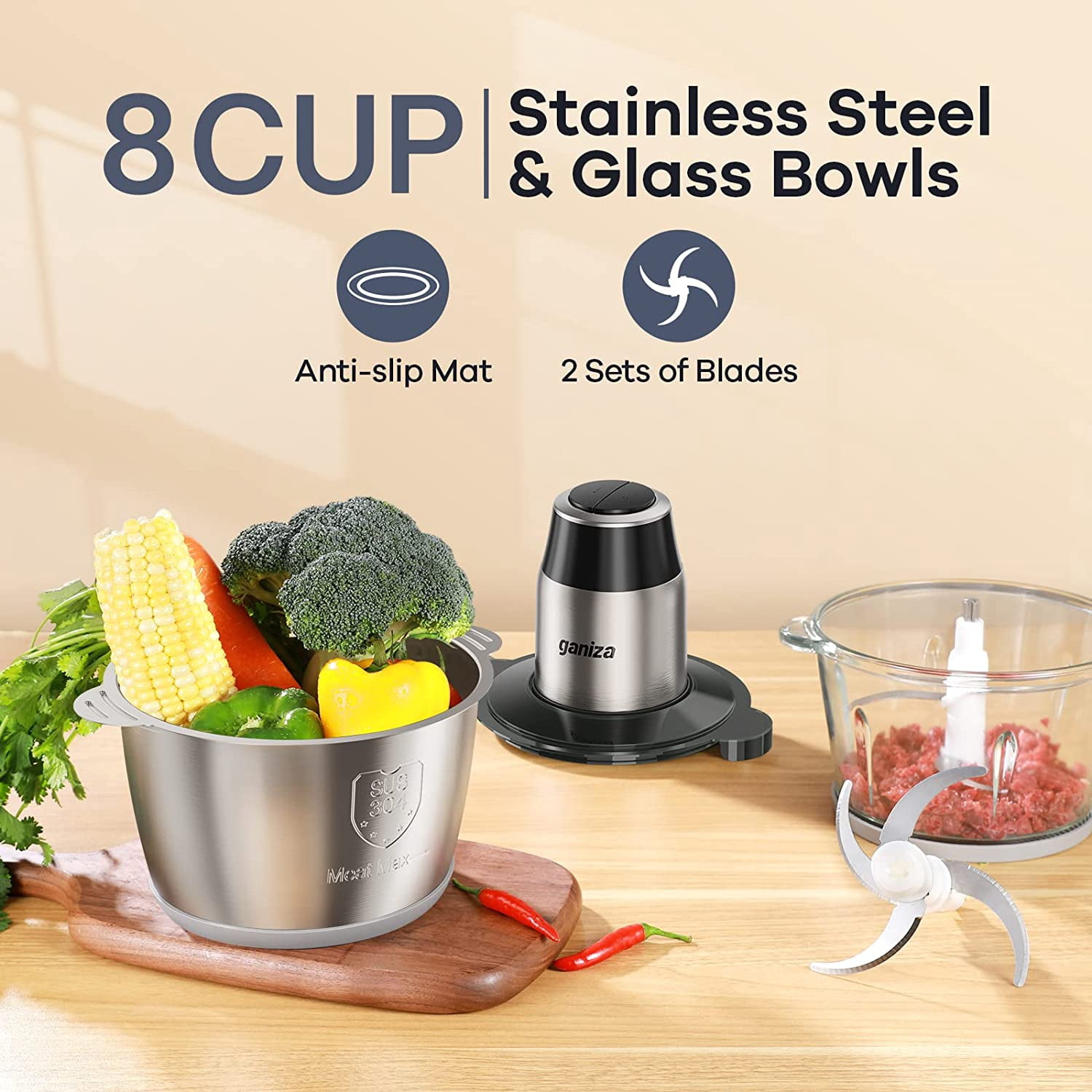 Electric Food Processor with Meat Grinder & Vegetable Chopper - 2 Bowls (8 Cup+8 Cup) Powerful 450W Motor for Kitchen